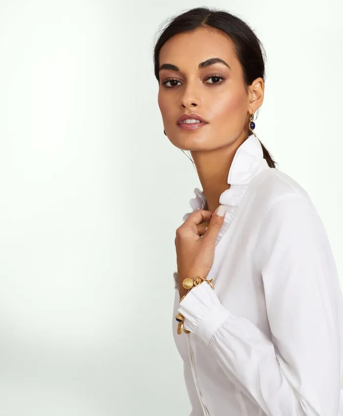 Women Fitted NonIron Stretch Supima Cotton Ruffle Dress Shirt White Brooks Brothers Blouses and Shirts
