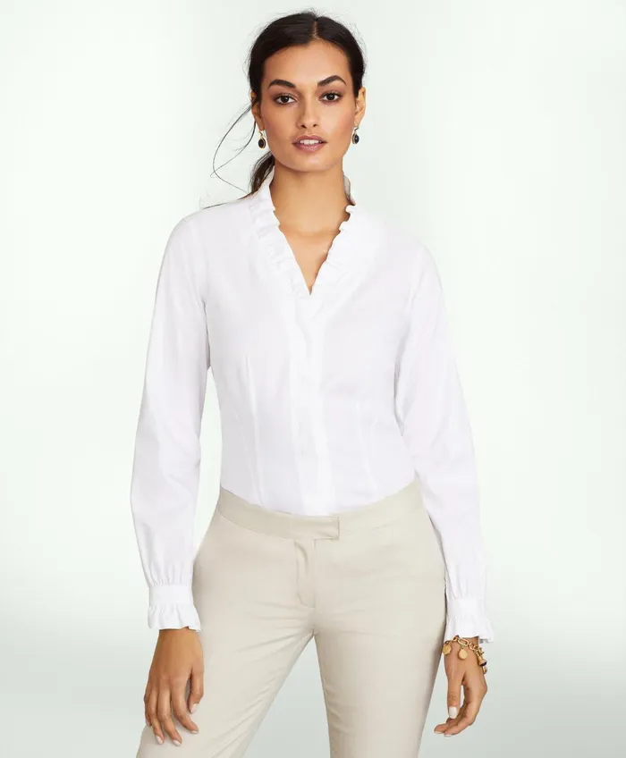 Women Fitted NonIron Stretch Supima Cotton Ruffle Dress Shirt White Brooks Brothers Blouses and Shirts
