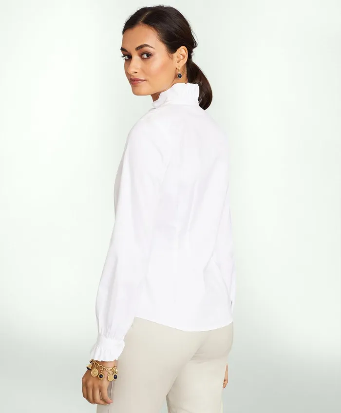 Women Fitted NonIron Stretch Supima Cotton Ruffle Dress Shirt White Brooks Brothers Blouses and Shirts