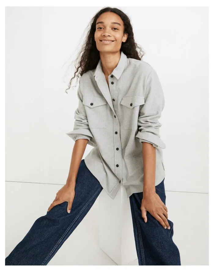 Women Flannel Flap Pocket Oversized Ex Boyfriend Shirt Melange Light Grey Madewell Tops and Shirts Women Flannel Flap Pocket Oversized Ex Boyfriend Shirt Melange Light Grey Madewell Tops and Shirts