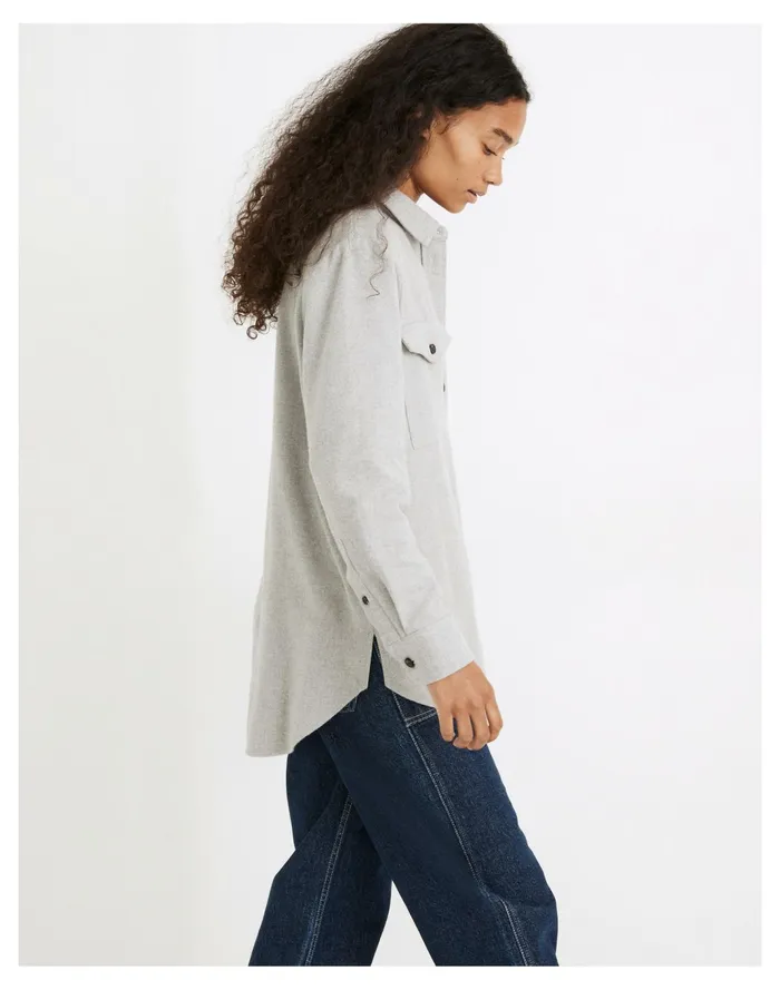 Women Flannel Flap Pocket Oversized Ex Boyfriend Shirt Melange Light Grey Madewell Tops and Shirts Women Flannel Flap Pocket Oversized Ex Boyfriend Shirt Melange Light Grey Madewell Tops and Shirts