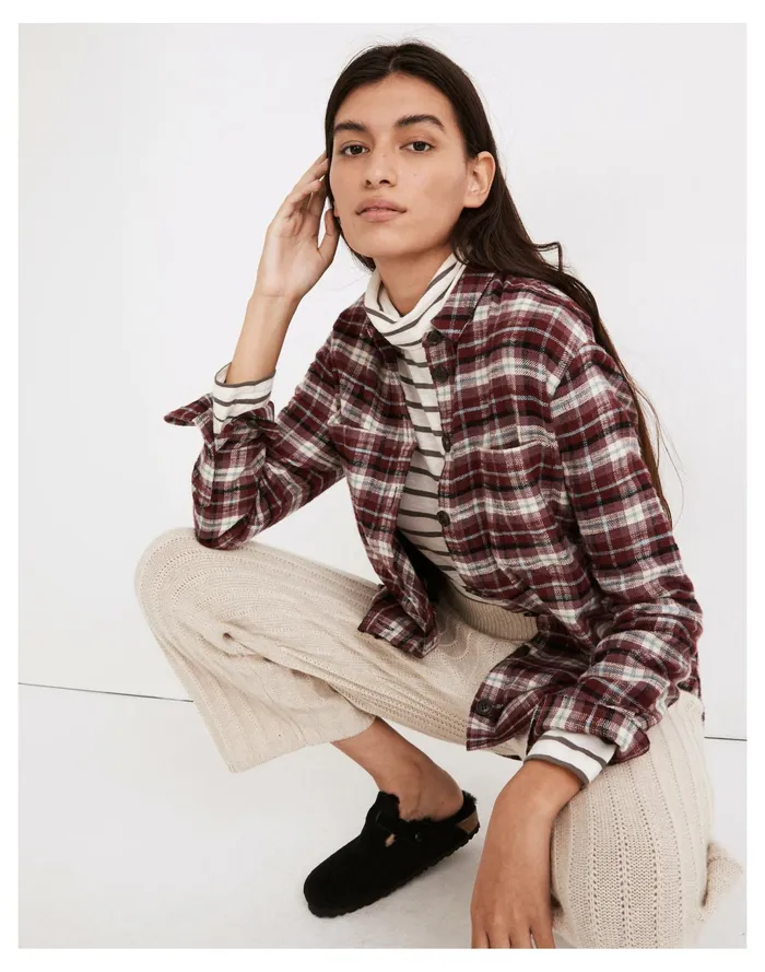 Women Flannel Sunday Shirt In Mahaska Plaid Dusty Burgundy Madewell Tops and Shirts