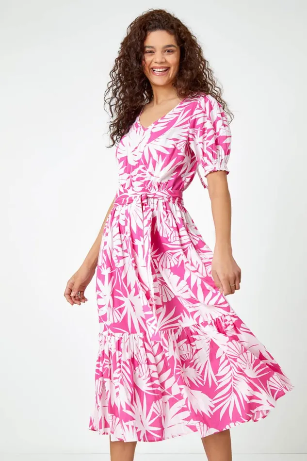 Women Fuchsia Cotton Floral Print Tiered Midi Dress Roman Dresses