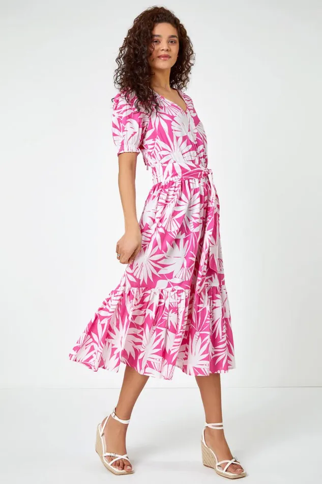 Women Fuchsia Cotton Floral Print Tiered Midi Dress Roman Dresses