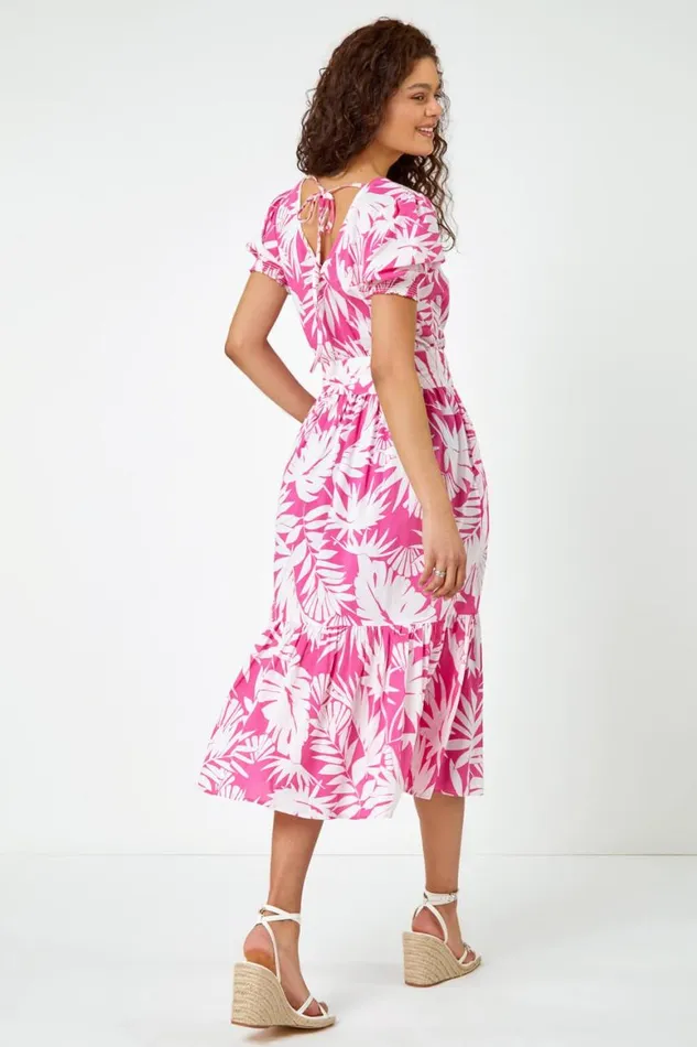 Women Fuchsia Cotton Floral Print Tiered Midi Dress Roman Dresses