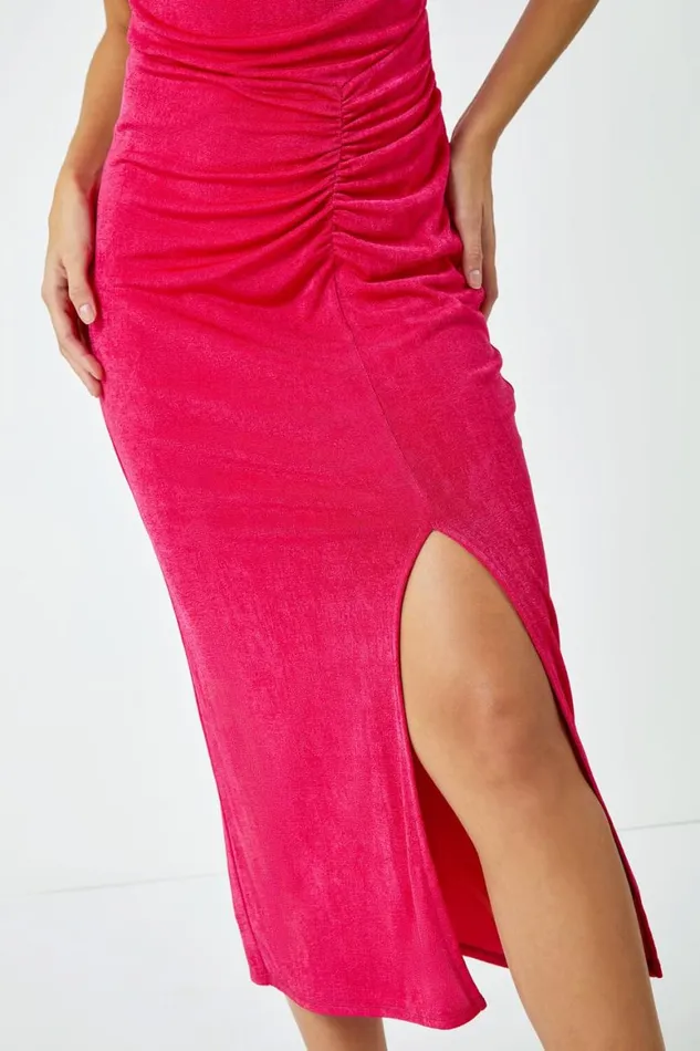 Women Fuchsia Cowl Neck Ruched Midi Dress Roman Dresses