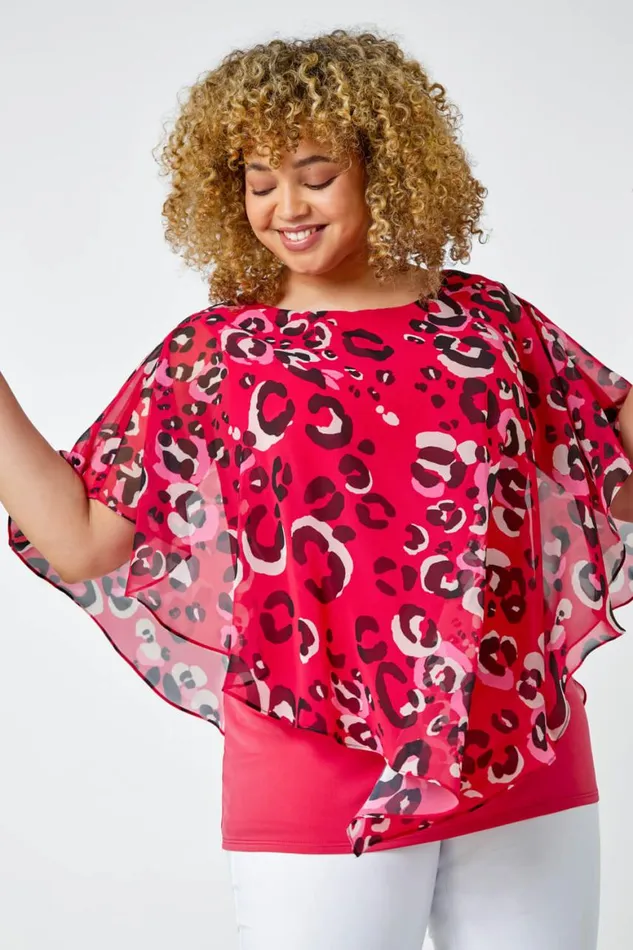 Women Fuchsia Curve Animal Print Chiffon Overlay Top Roman Tops
