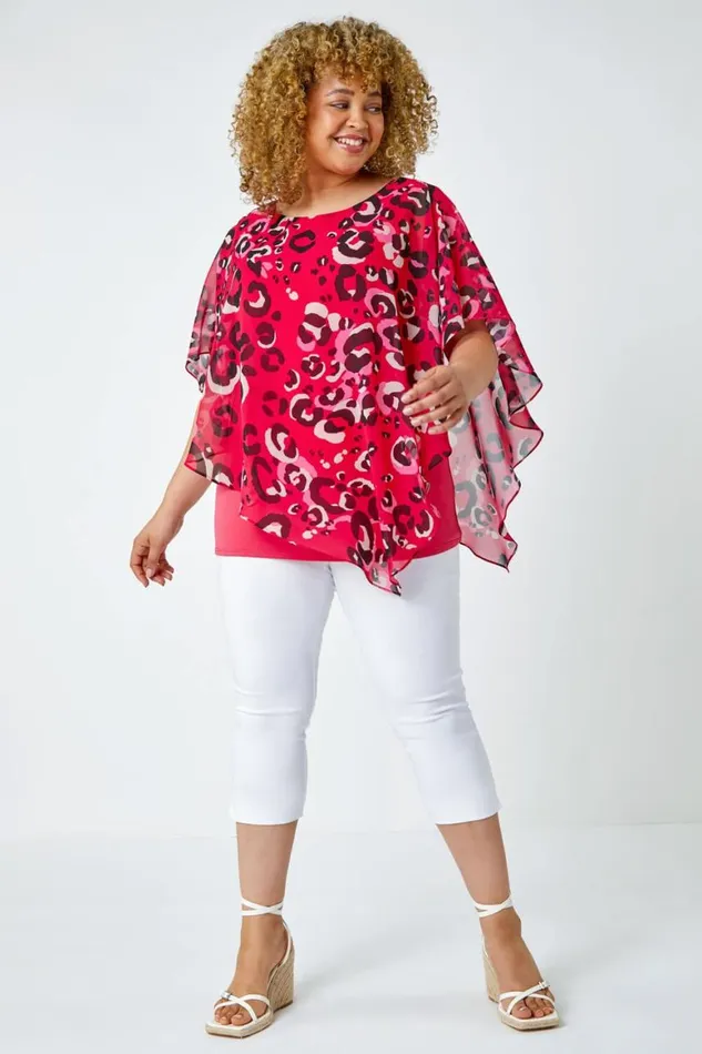 Women Fuchsia Curve Animal Print Chiffon Overlay Top Roman Tops