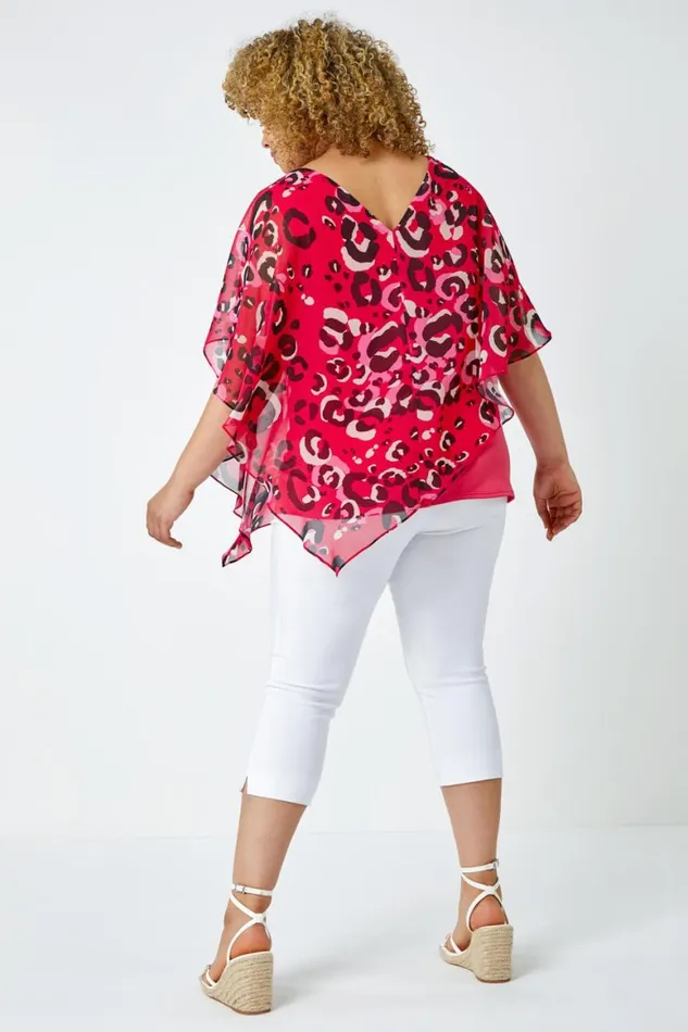 Women Fuchsia Curve Animal Print Chiffon Overlay Top Roman Tops