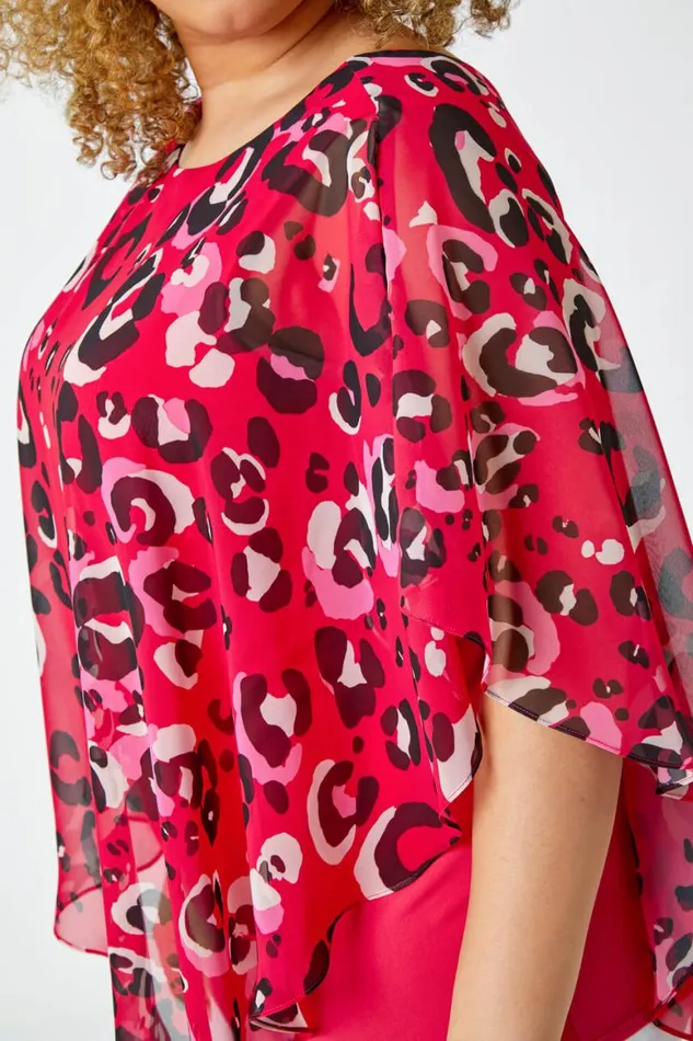 Women Fuchsia Curve Animal Print Chiffon Overlay Top Roman Tops