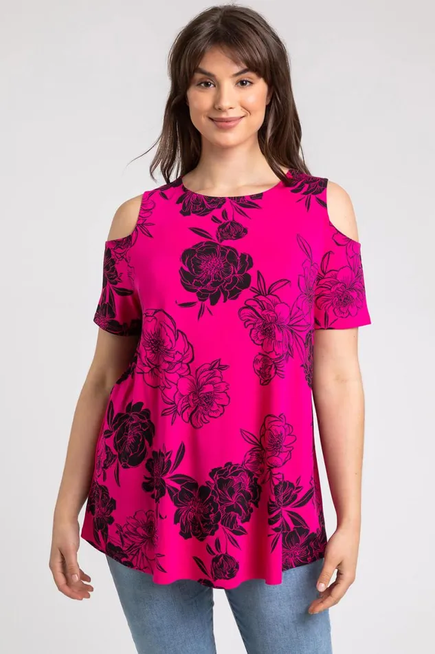 Women Fuchsia Curve Floral Print Cold Shoulder Jersey Top Roman Tops