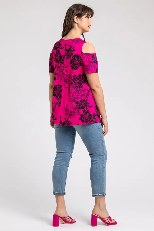 Women Fuchsia Curve Floral Print Cold Shoulder Jersey Top Roman Tops