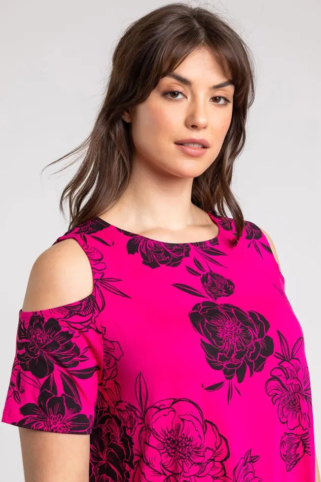 Women Fuchsia Curve Floral Print Cold Shoulder Jersey Top Roman Tops