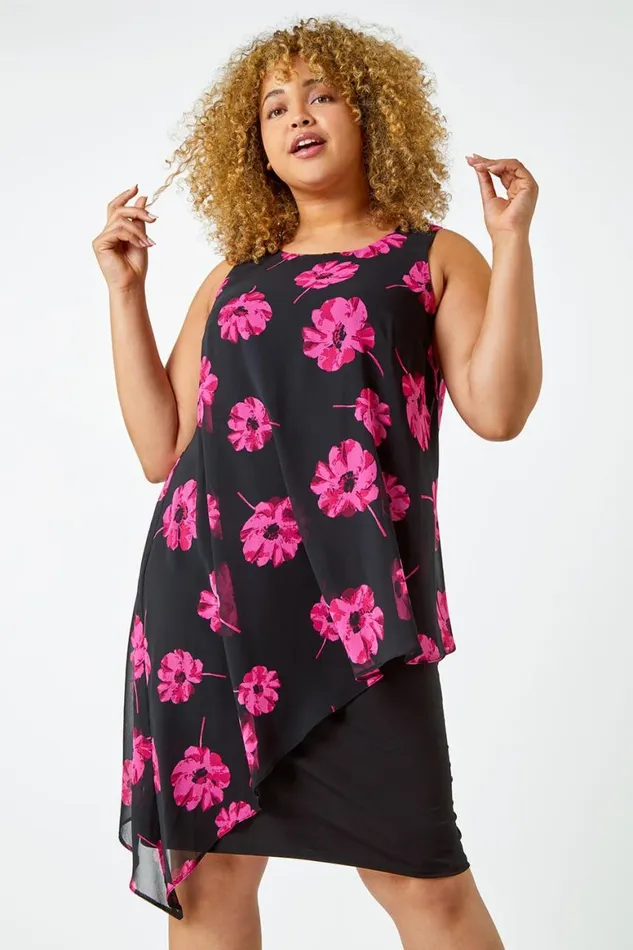 Women Fuchsia Curve Floral Sleeveless Chiffon Overlay Dress Roman Dresses