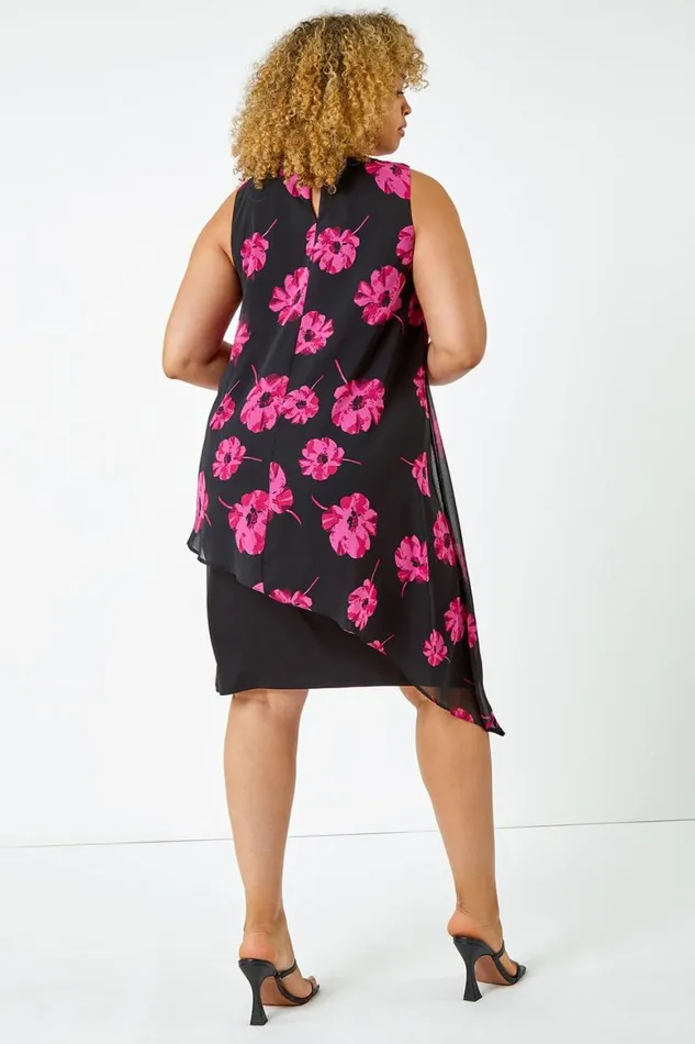 Women Fuchsia Curve Floral Sleeveless Chiffon Overlay Dress Roman Dresses
