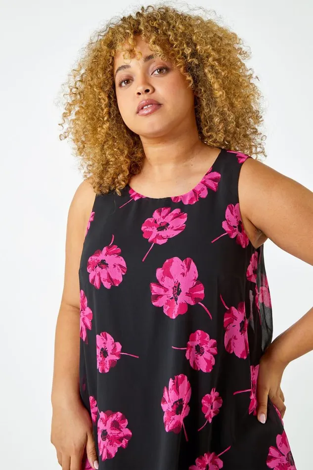 Women Fuchsia Curve Floral Sleeveless Chiffon Overlay Dress Roman Dresses