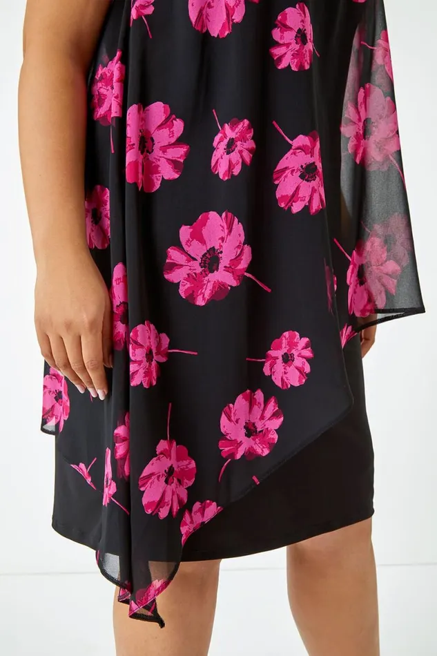 Women Fuchsia Curve Floral Sleeveless Chiffon Overlay Dress Roman Dresses