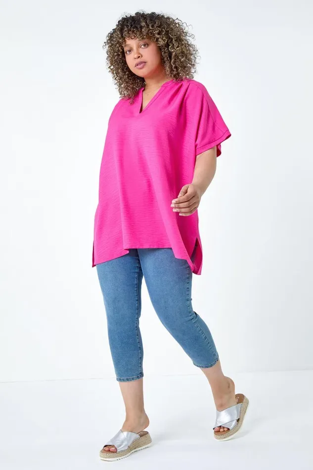 Women Fuchsia Curve Linen Look VNeck Longline Top Roman Tops