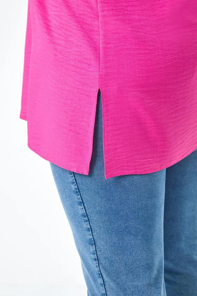 Women Fuchsia Curve Linen Look VNeck Longline Top Roman Tops