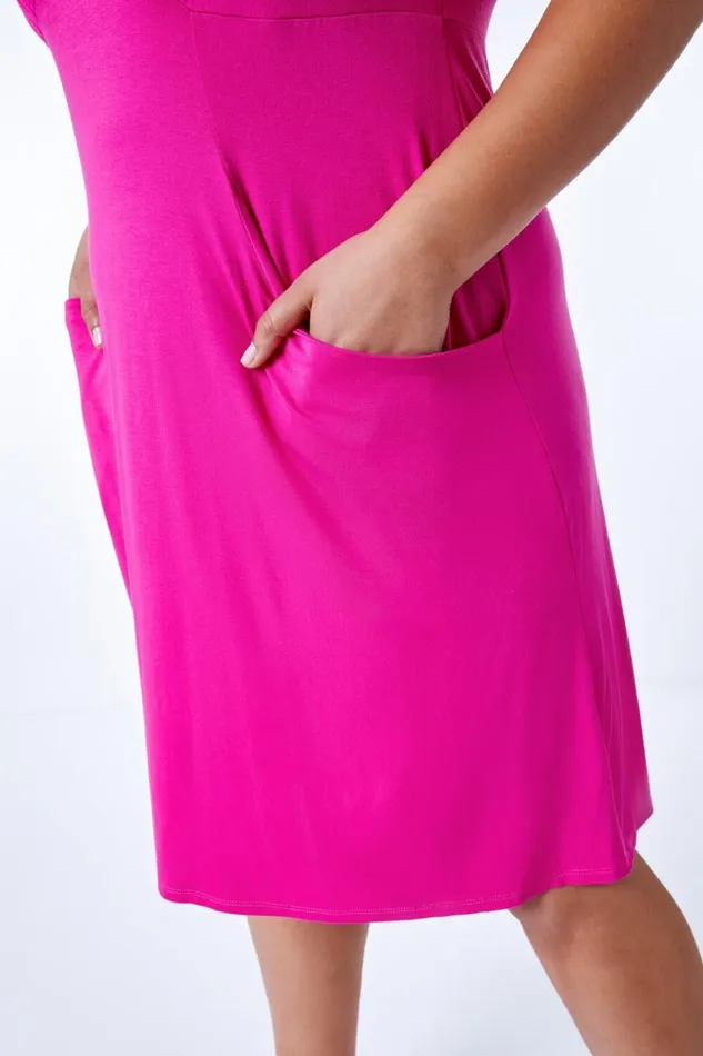 Women Fuchsia Curve Strappy Pocket Sun Dress Roman Dresses