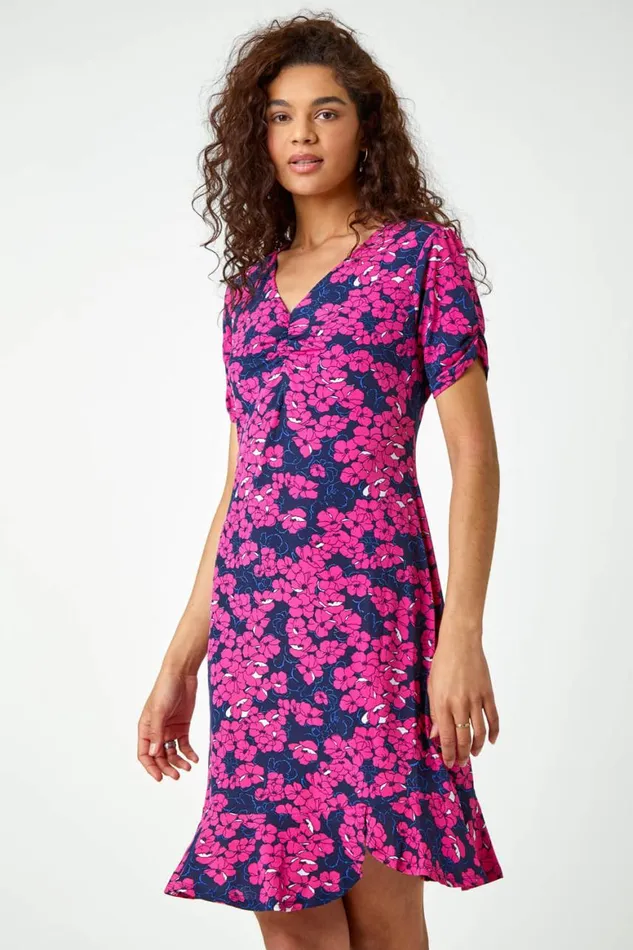 Women Fuchsia Floral Print Stretch Jersey Tea Dress Roman Dresses