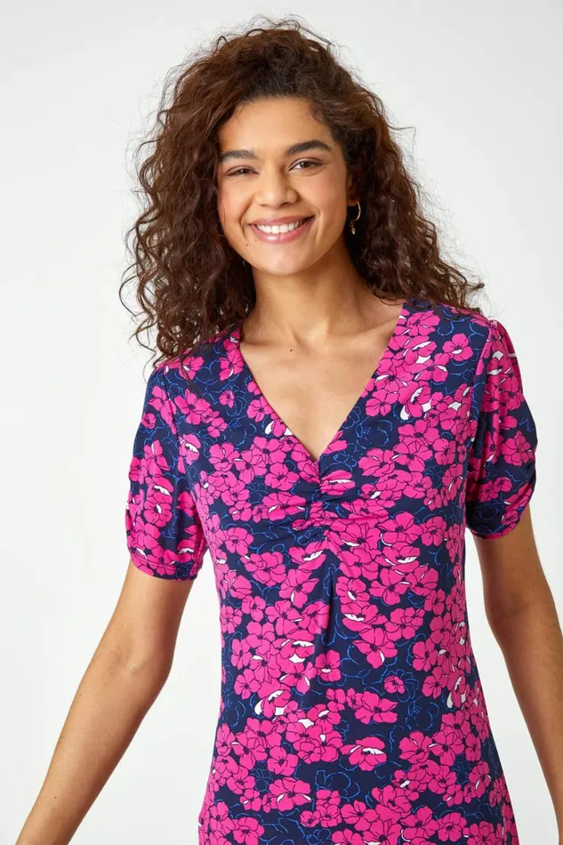 Women Fuchsia Floral Print Stretch Jersey Tea Dress Roman Dresses