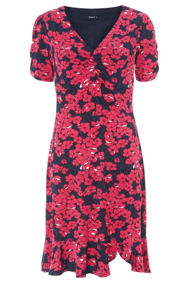 Women Fuchsia Floral Print Stretch Jersey Tea Dress Roman Dresses