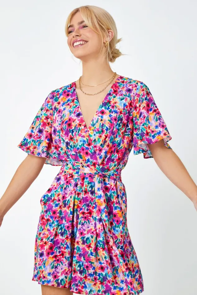 Women Fuchsia Floral Print Wrap Tie Playsuit Roman Jumpsuits and Playsuits