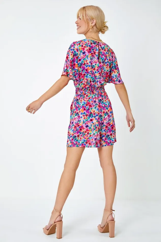 Women Fuchsia Floral Print Wrap Tie Playsuit Roman Jumpsuits and Playsuits