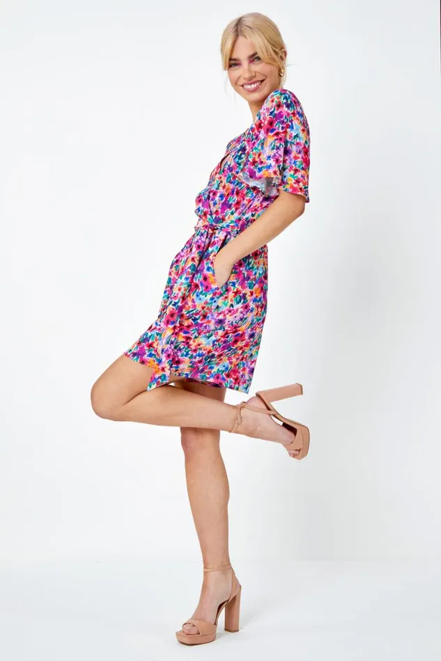 Women Fuchsia Floral Print Wrap Tie Playsuit Roman Jumpsuits and Playsuits