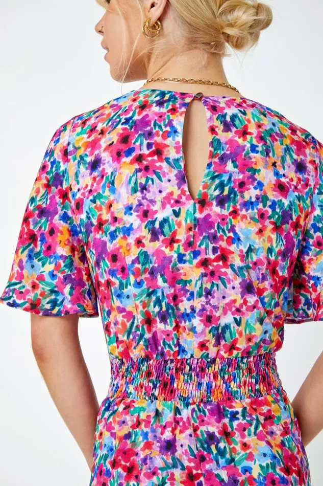 Women Fuchsia Floral Print Wrap Tie Playsuit Roman Jumpsuits and Playsuits