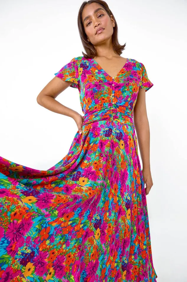 Women Fuchsia Floral Ruched Waist Midi Dress Roman Dresses