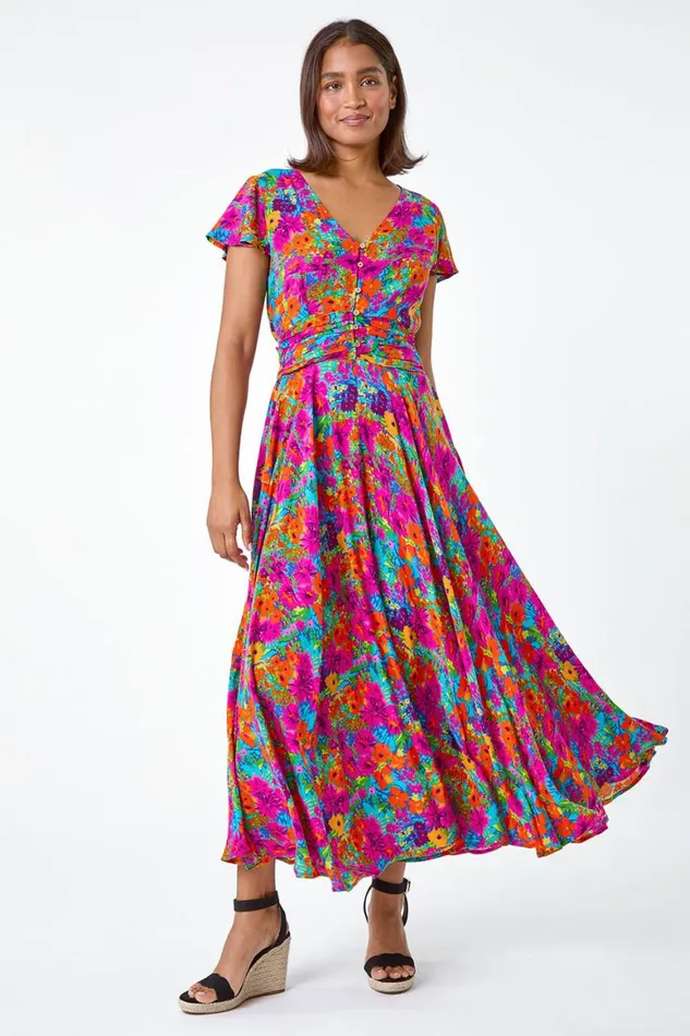Women Fuchsia Floral Ruched Waist Midi Dress Roman Dresses