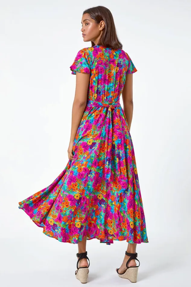 Women Fuchsia Floral Ruched Waist Midi Dress Roman Dresses
