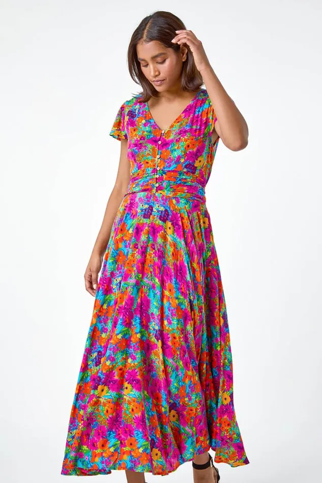Women Fuchsia Floral Ruched Waist Midi Dress Roman Dresses
