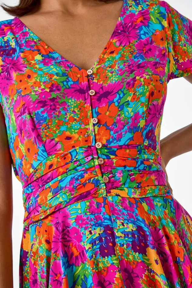 Women Fuchsia Floral Ruched Waist Midi Dress Roman Dresses