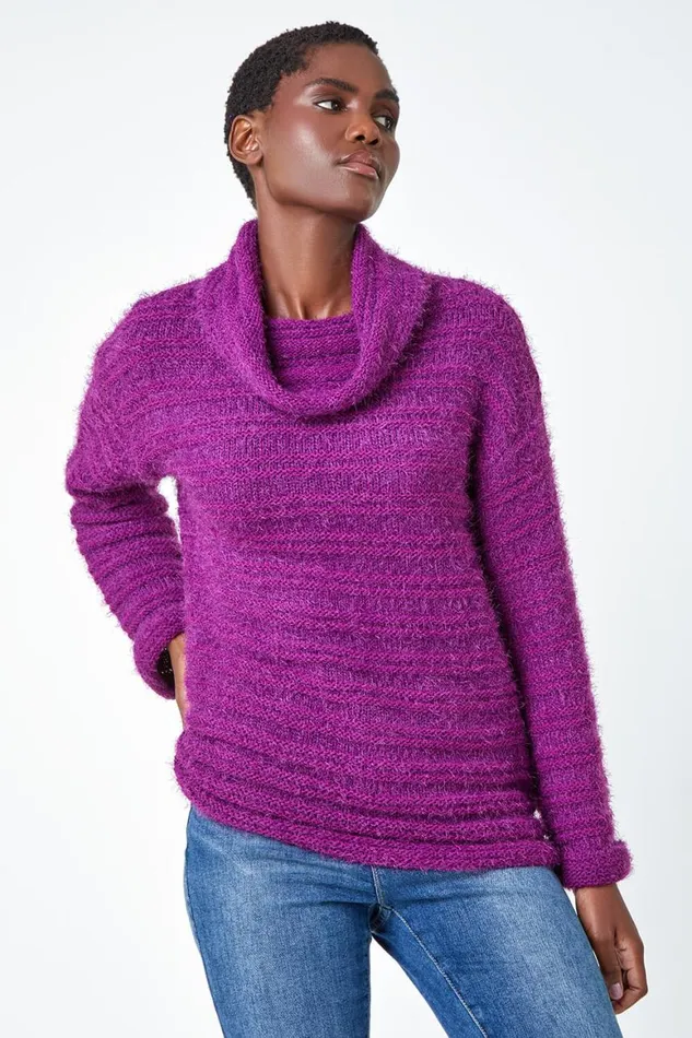 Women Fuchsia Fluffy Roll Neck Jumper Roman Knitwear