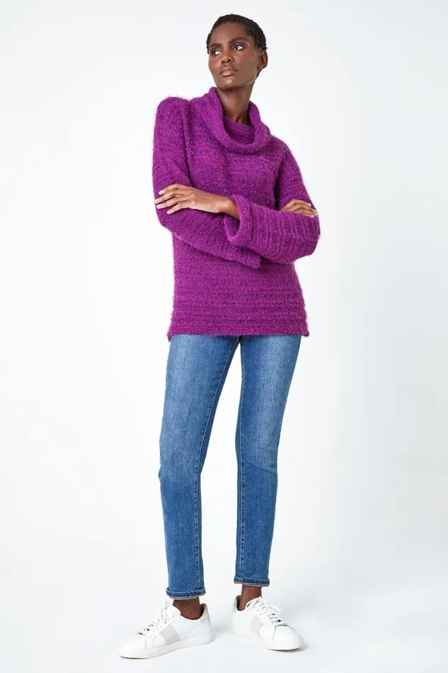 Women Fuchsia Fluffy Roll Neck Jumper Roman Knitwear