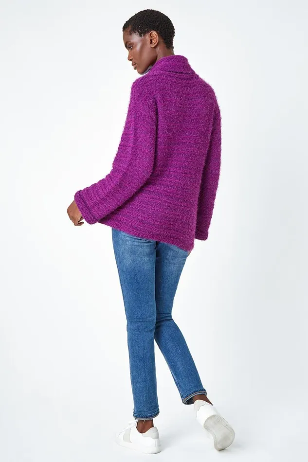 Women Fuchsia Fluffy Roll Neck Jumper Roman Knitwear