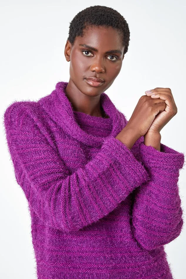 Women Fuchsia Fluffy Roll Neck Jumper Roman Knitwear