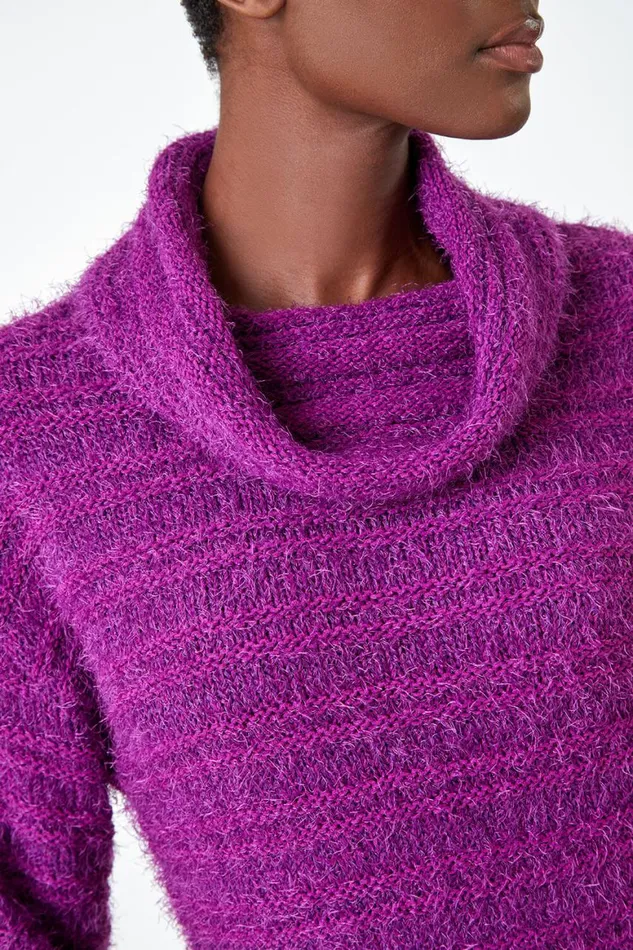 Women Fuchsia Fluffy Roll Neck Jumper Roman Knitwear