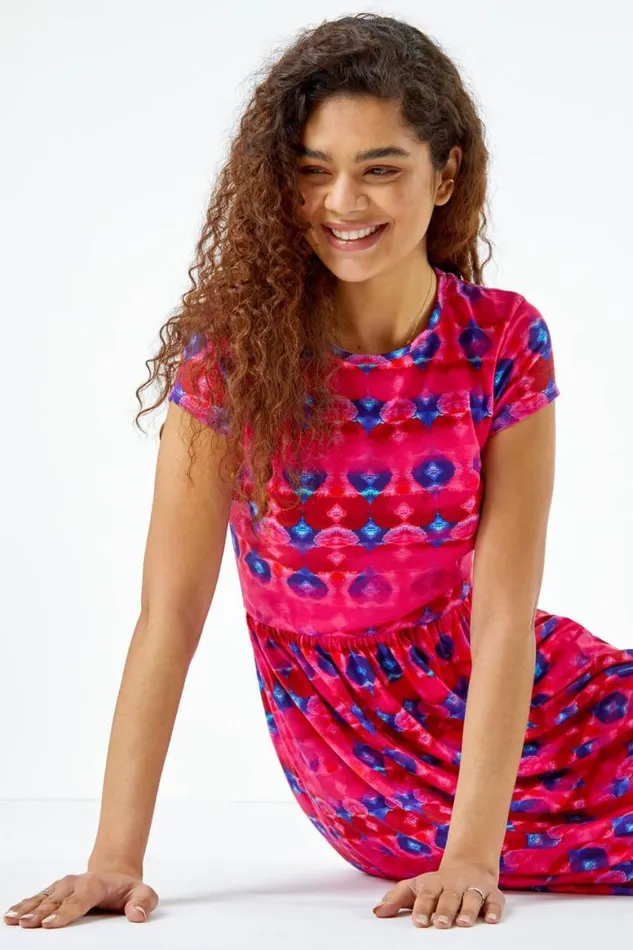 Women Fuchsia Geometric Pocket Stretch Midi Dress Roman Dresses