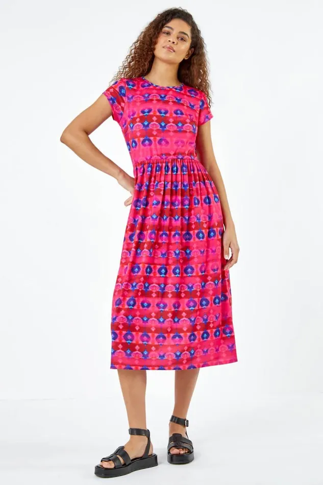 Women Fuchsia Geometric Pocket Stretch Midi Dress Roman Dresses