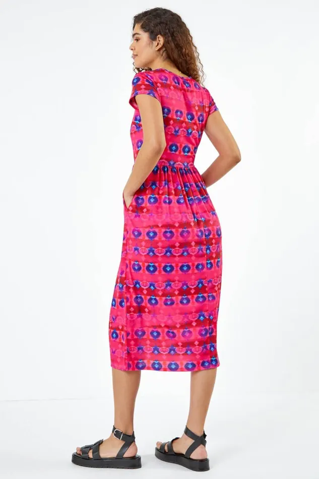 Women Fuchsia Geometric Pocket Stretch Midi Dress Roman Dresses