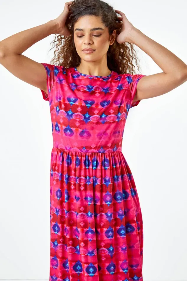 Women Fuchsia Geometric Pocket Stretch Midi Dress Roman Dresses