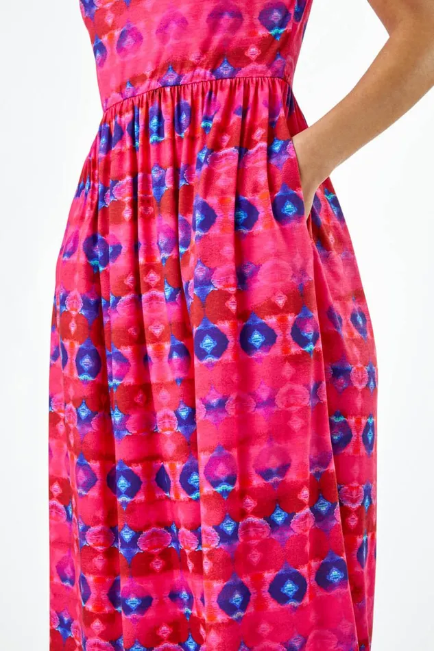 Women Fuchsia Geometric Pocket Stretch Midi Dress Roman Dresses