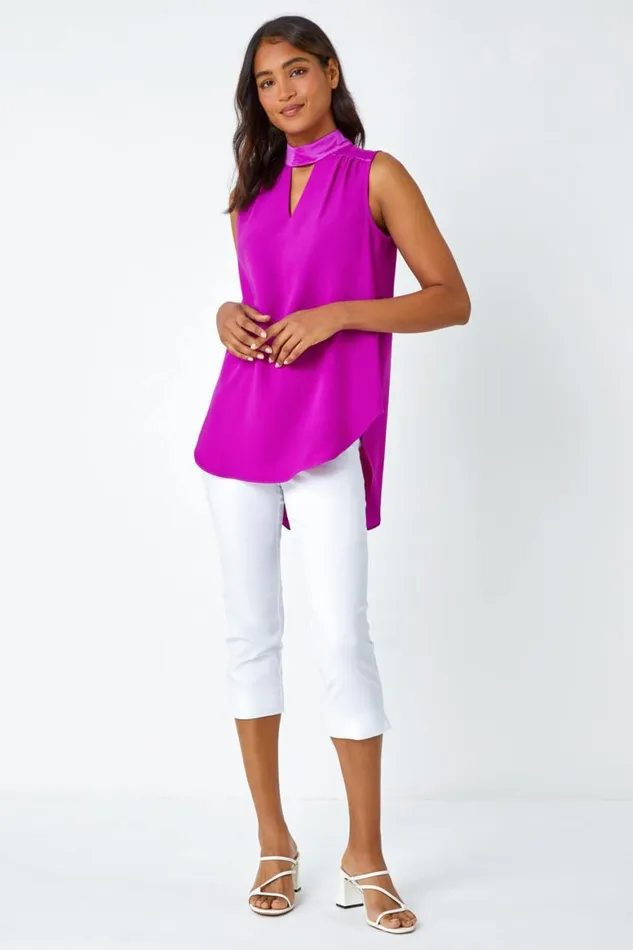 Women Fuchsia Satin Contrast Keyhole Halterneck Top Roman Tops