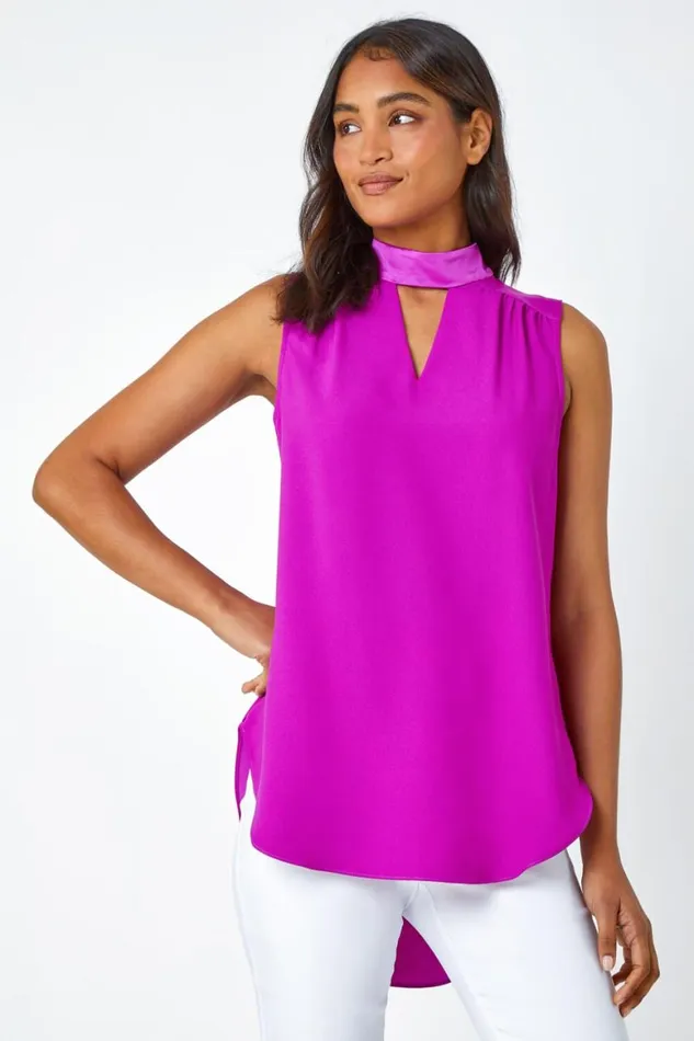 Women Fuchsia Satin Contrast Keyhole Halterneck Top Roman Tops