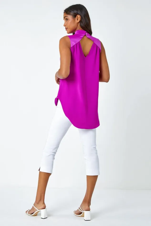 Women Fuchsia Satin Contrast Keyhole Halterneck Top Roman Tops