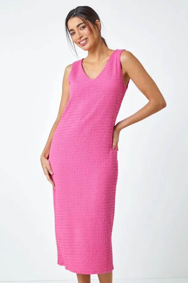Women Fuchsia Sleeveless Textured Midi Stretch Dress Roman Dresses